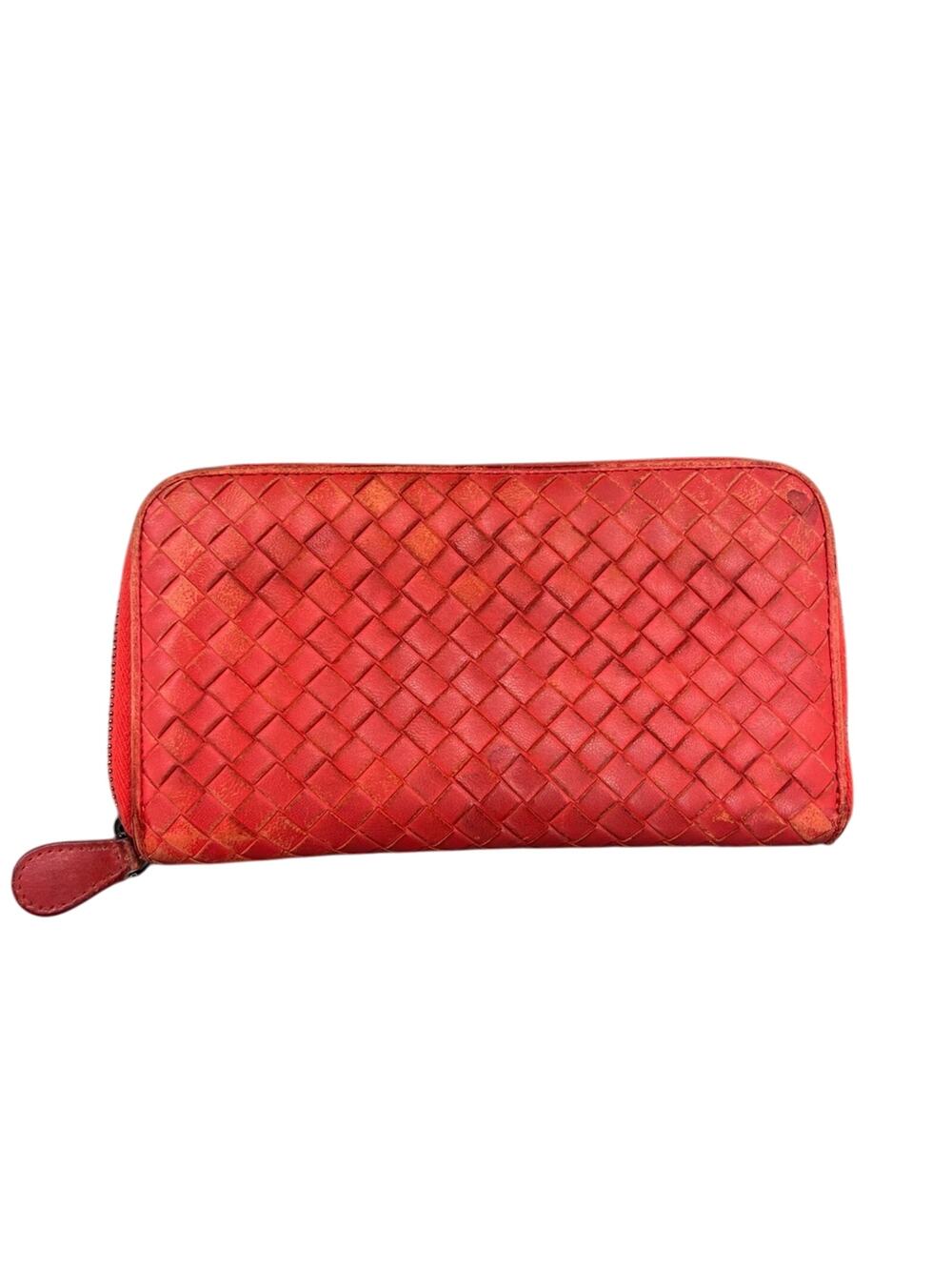 Bottega Veneta Orange Woven Leather Zip Around Wallet